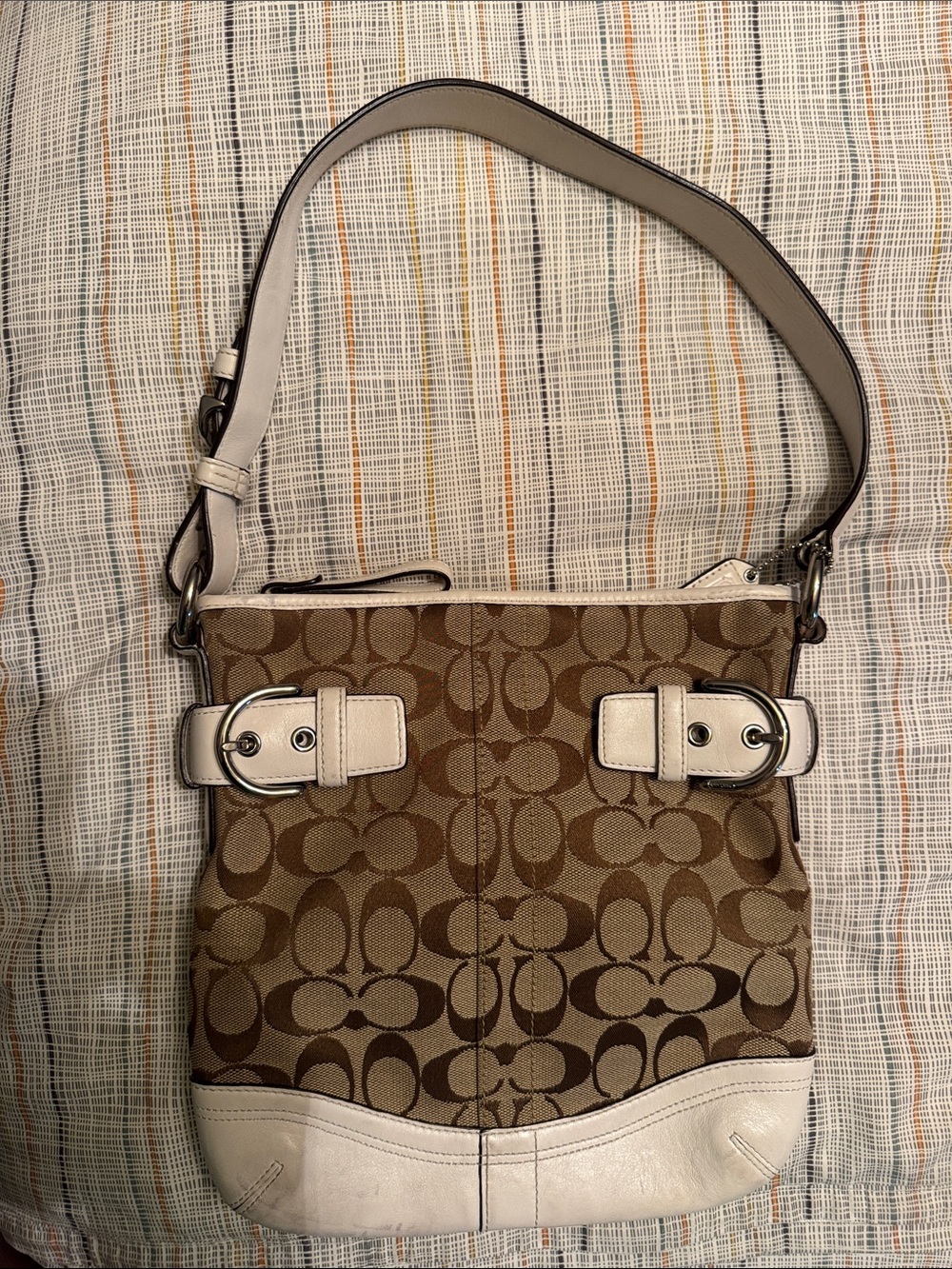 Coach Brown Signature Canvas Shoulder Bag with White Leather Trim
